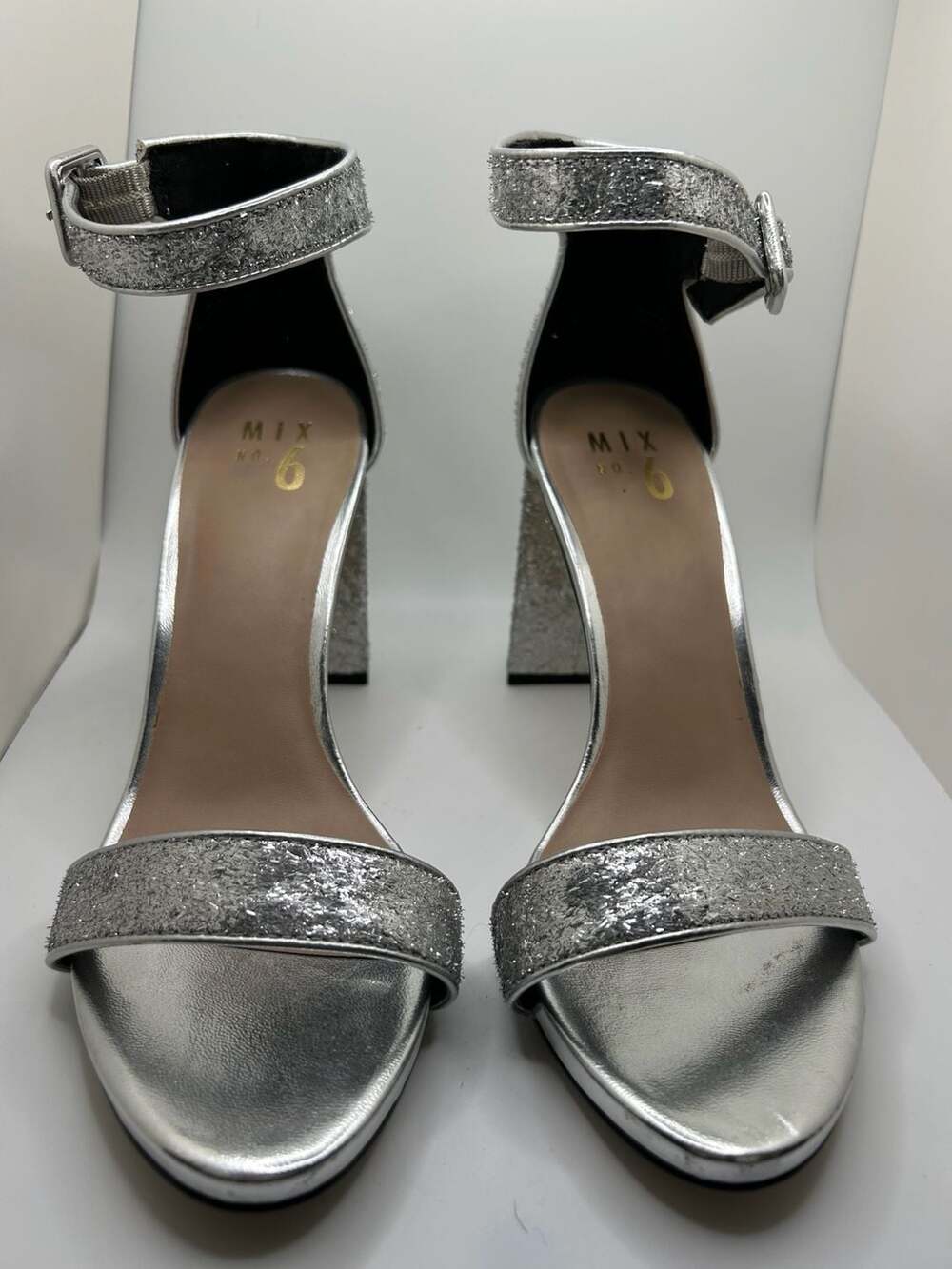 Mix No. 6 CYM Silver Glitter Ankle Strap Block Heel Sandals